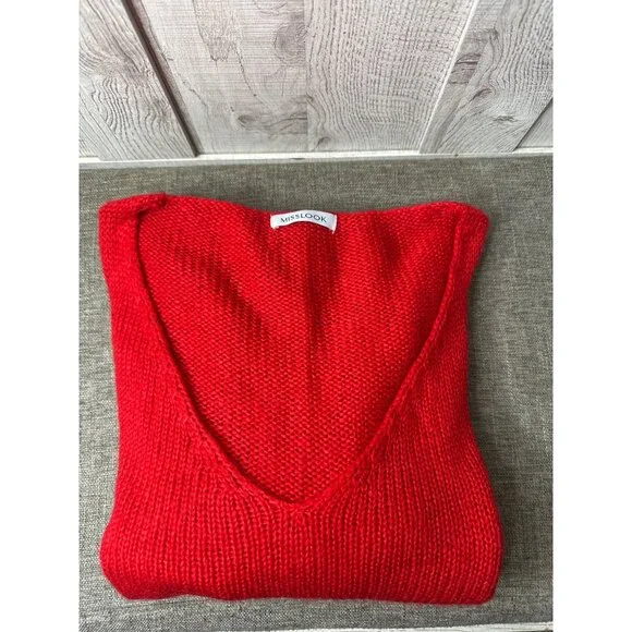 Misslook Womens Red V-Neck Knit Sweater Acrylic Long Sleeve Pullover Size M - Picture 3 of 8